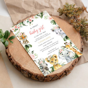 Rosa florale Dschungel-Mädchen-Safari-Baby-Party Einladung