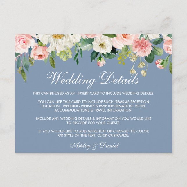 Rosa florale dunkelblaue Hochzeitdetails Beipackka Postkarte (Vorderseite)