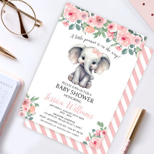 Rosa florale Elefant Baby Mädchen Shower-Einladung Einladung