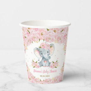 Rosa Florale Elefant Baby Shower Geburtstag Pappbecher