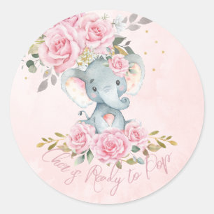 Rosa florale Elefant-Baby-Shower zum Platzen Runder Aufkleber