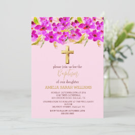 Rosa florale Elegant Gold Cross Baby Taufe Einladung
