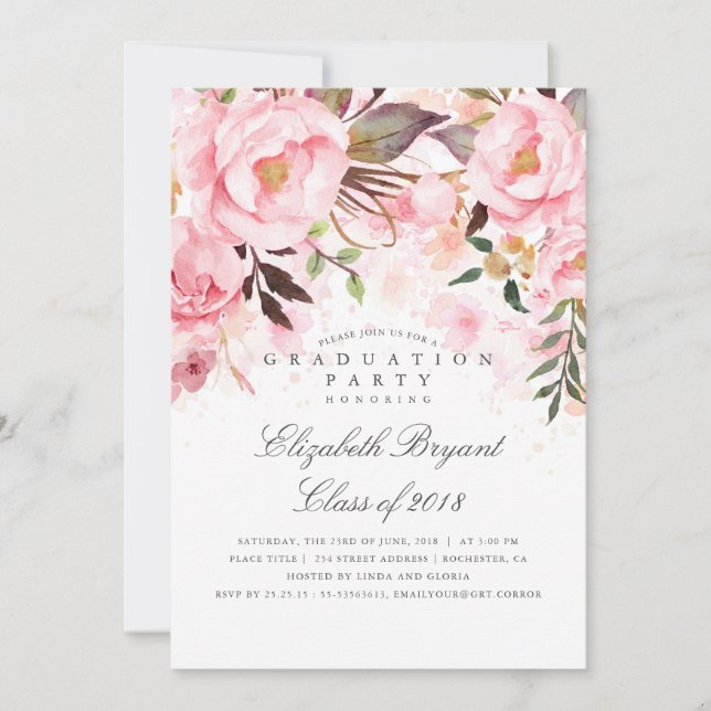 Rosa florale Elegant und Moderne Graduiertenparty Einladung (Vorderseite)