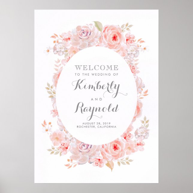 Rosa florale Elegante Hochzeit Begrüßungszeichen Poster (Vorne)