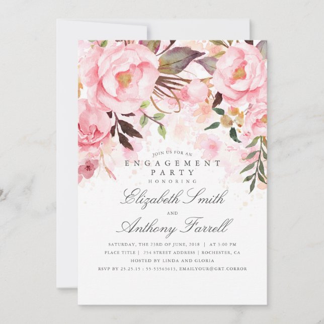 Rosa florale Elegante und moderne Engagement Party Einladung (Vorderseite)
