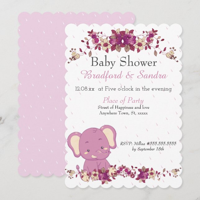 Rosa florale Elephant Chic Simple Baby Shower Invi Einladung (Vorne/Hinten)