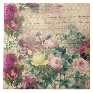 Rosa florale Ephemera mit Bienenstock und Handschr Fliese