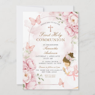 Rosa Florale Erstkommunion mit Mädchen Einladung