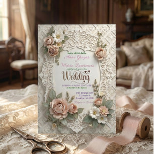Rosa Florale Faux-Lasercut-Spitze Hochzeit  Einladung