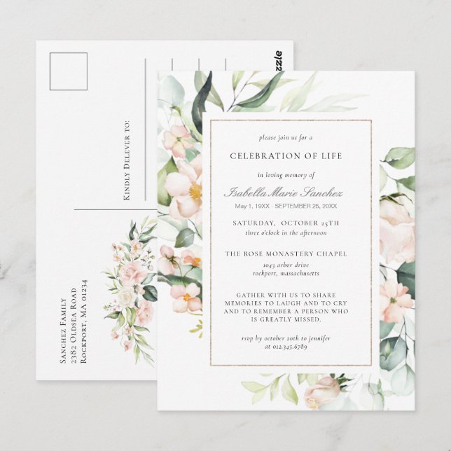 Rosa florale Feier zur Beerdigung des Lebens Postk Postkarte (Vorne/Hinten)