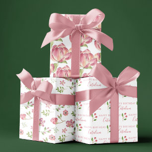 Rosa Florale Geburtstags-Geschenkpapierbögen Geschenkpapier Set