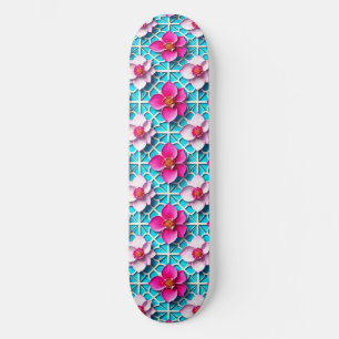 🌸 Rosa Florale Geo Blaue Moderne Kunst Skate Stil Skateboard