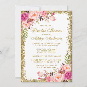 Rosa Florale Gold Glitter Hochzeitsshower-Einladun Einladung