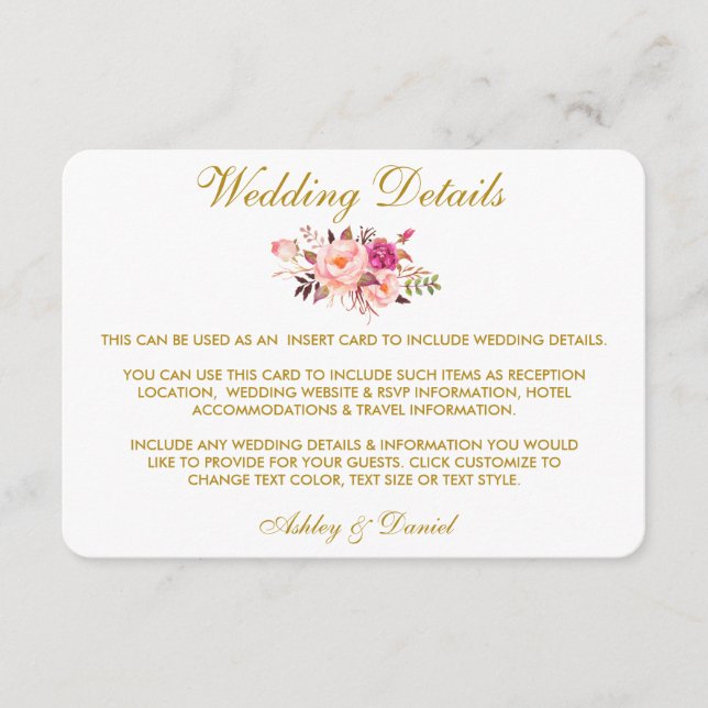 Rosa florale Gold Hochzeitdetails Beipackkarte Begleitkarte (Vorderseite)