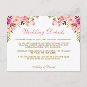 Rosa florale Gold Hochzeitdetails Beipackkarte Postkarte