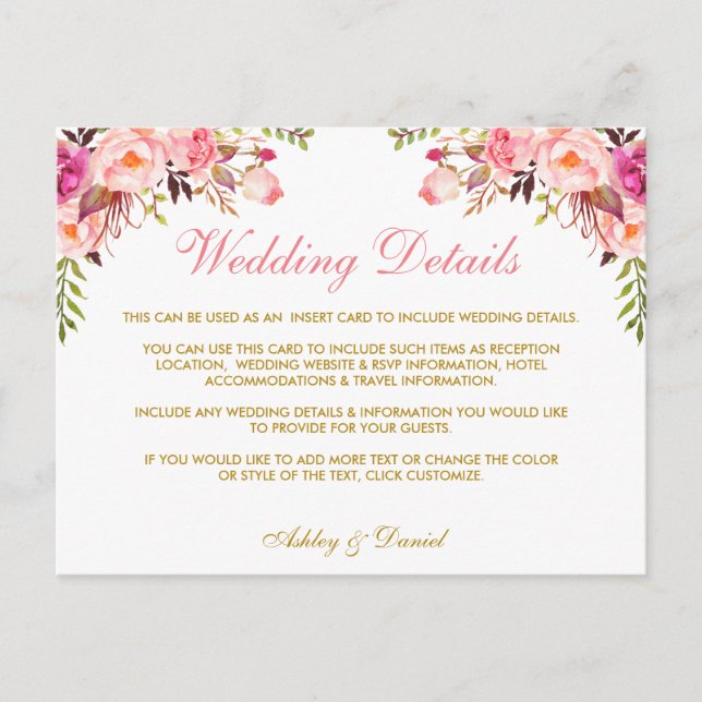 Rosa florale Gold Hochzeitdetails Beipackkarte Postkarte (Vorderseite)