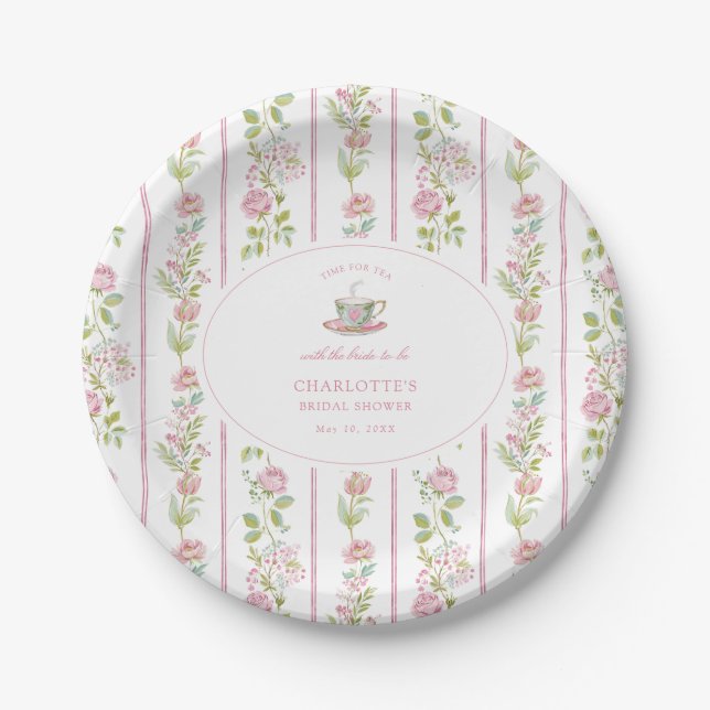 Rosa florale Grandmillennial-Braut-Teeparty Pappteller (Vorderseite)