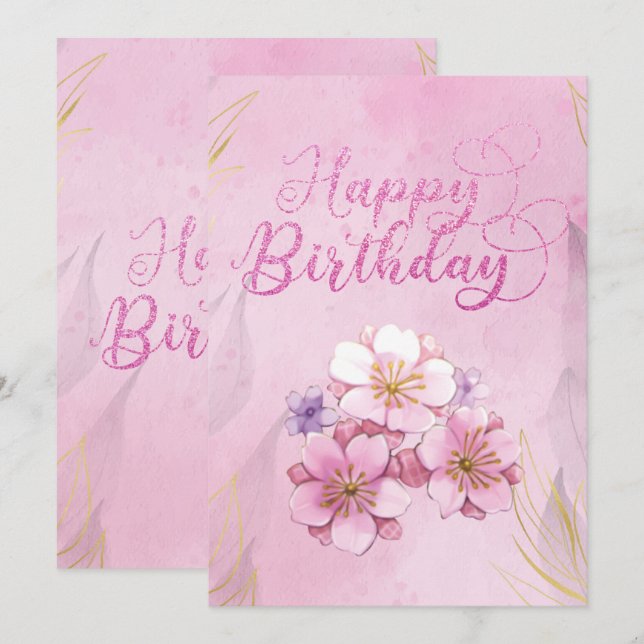Rosa florale Happy Birthday Flat Card (Vorne/Hinten)