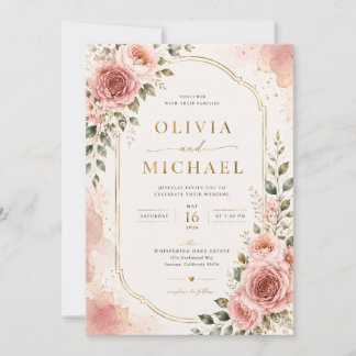 Rosa Florale Hochzeits-Einladung | Aquarell  Einladung