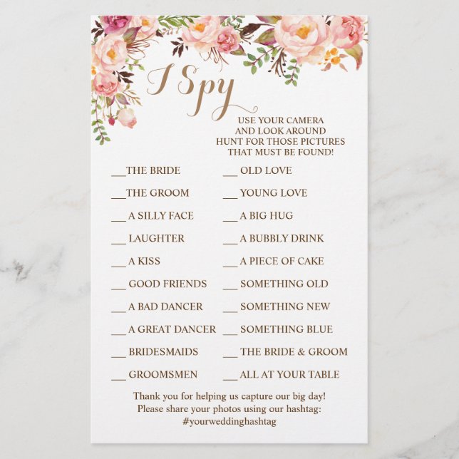 Rosa florale Hochzeitsempfehlung I Spy Game Card Flyer (Vorne)