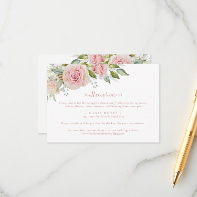 Rosa florale Hochzeitsfeier Begleitkarte (Vorderseite/Rückseite Beispiel)
