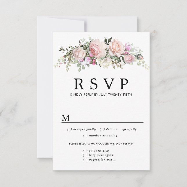 Rosa florale Hochzeitskarte RSVP, Wahlmöglichkeite RSVP Karte (Vorderseite)