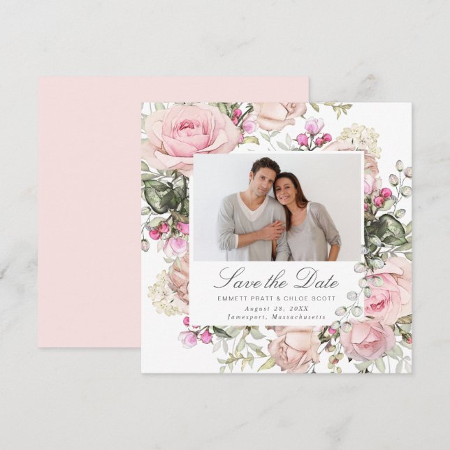 Rosa florale Hochzeitskarte Save the Date Foto Einladung (Vorne/Hinten)