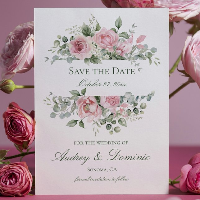Rosa florale Hochzeitskarten Save The Date (elegant floral save the date card with pink roses and greenery for botanical garden theme wedding)