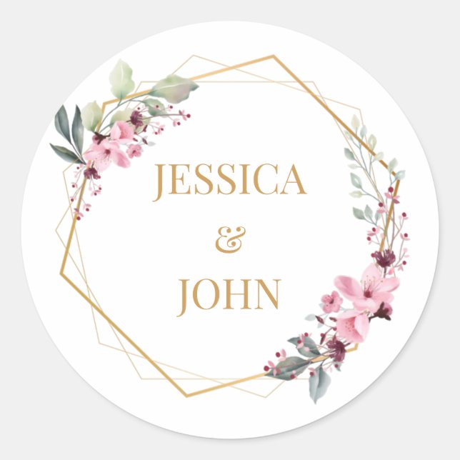 Rosa florale Hochzeitsticker Runder Aufkleber (Vorderseite)
