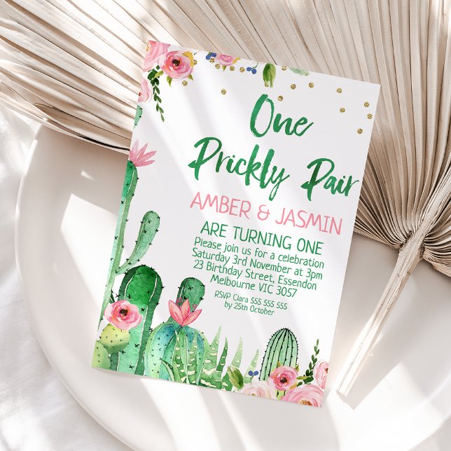 Rosa florale Kaktus 1 prickly paare Birthday Einladung (One Prickly Pair Birthday Invitation Template Printable, One Prickly Pair Invitation Twin Girls )