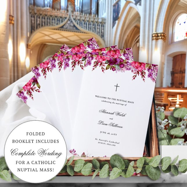 Rosa florale katholische Hochzeitsfeier Programm (Alannah folded Catholic wedding program with bright magenta and fuchsia spring florals)