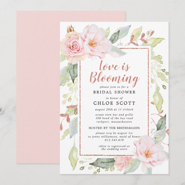 Rosa florale Liebe ist blühendes Brautparty Einladung (Vorne/Hinten)