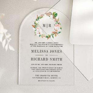 Rosa florale Magnolie Monogramm Hochzeit Acryleinladungen