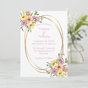 Rosa florale Moderne Goldrahmen Hochzeit Einladung
