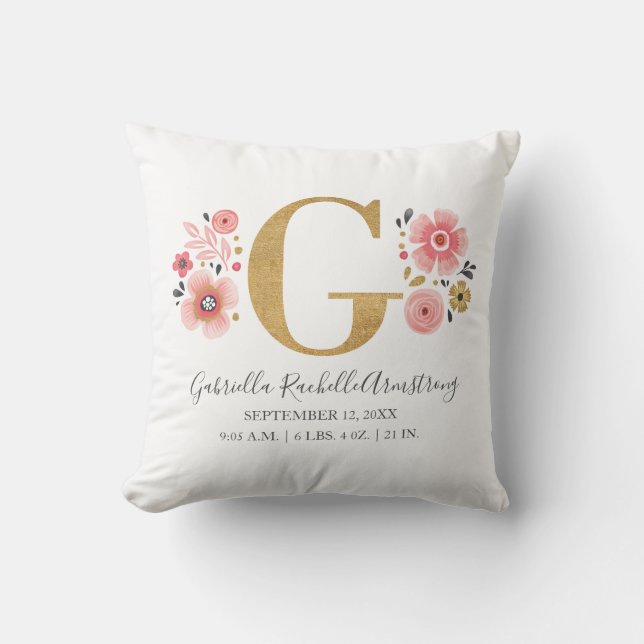 Rosa florale Monogramm Anfangsbuchstabe G Geburtss Kissen (Vorderseite)