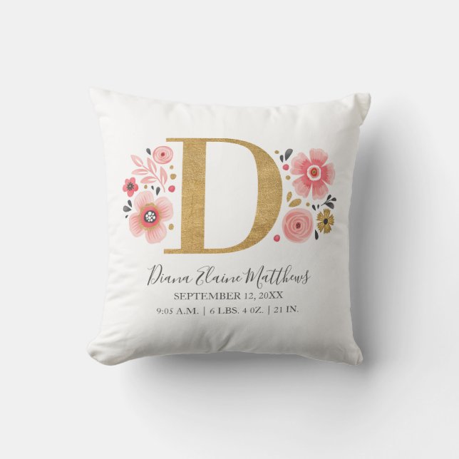 Rosa florale Monogramm Anfangsbuchstaben D Geburts Kissen (Vorderseite)