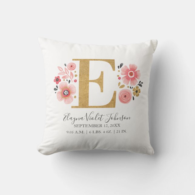 Rosa florale Monogramm Anfangsbuchstaben E Geburts Kissen (Vorderseite)
