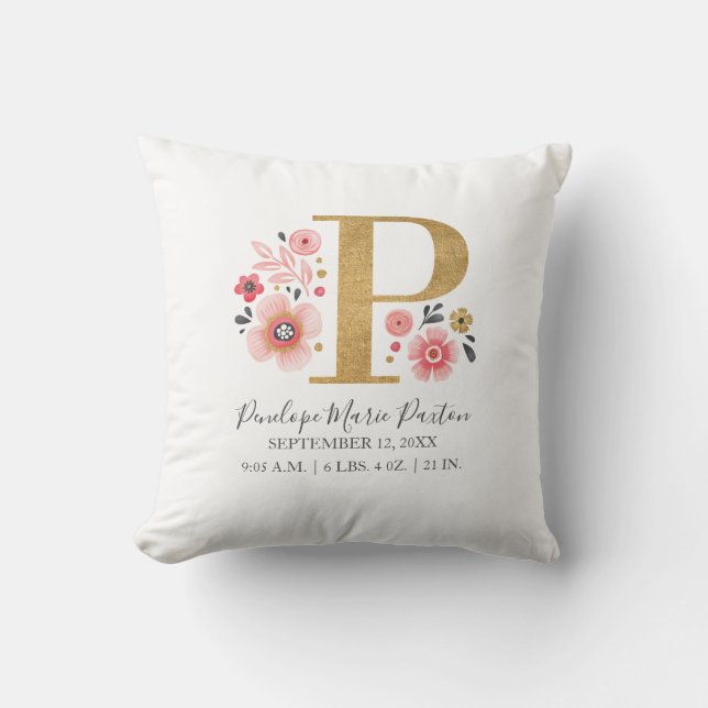 Rosa florale Monogramm Anfangsbuchstaben P Geburts Kissen (Vorderseite)