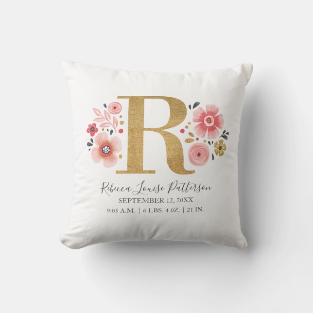 Rosa florale Monogramm Anfangsbuchstaben R Geburts Kissen (Vorderseite)