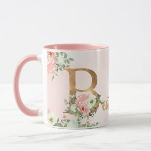 Rosa florale Monogramm B Aquarell mit Name Tasse