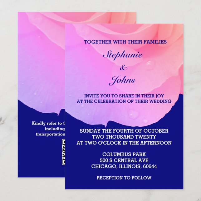 Rosa florale Navy Blue Rose QR Code Cool Hochzeit Einladung (Vorne/Hinten)