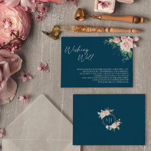 Rosa Florale Navy-Hochzeit-Spendenwunsch-Brief Begleitkarte