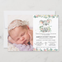 Rosa florale Niedliche Koala Taufe Christening Fot Einladung