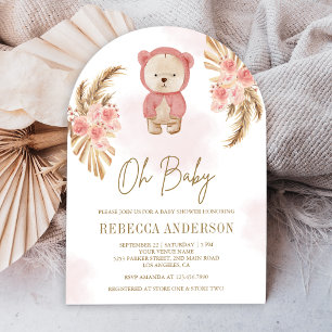 Rosa florale Pampas Teddybär-Bogen-Baby-Party Einladung