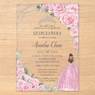 Rosa florale Prinzessin Silber Quinceanera Mis 15 Acryleinladungen