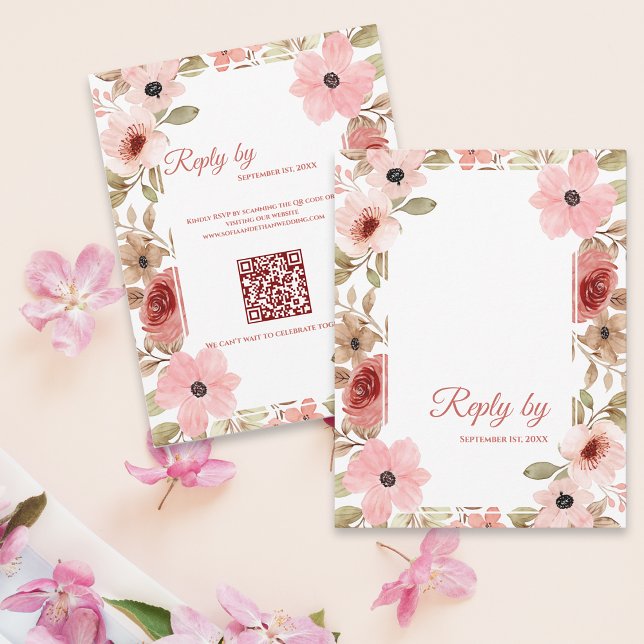 Rosa Florale QR-Code-Hochzeitsantwort Bis RSVP Karte (Blush Pink Floral QR Code Wedding Reply By RSVP Card)