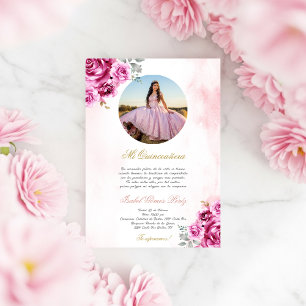 Rosa florale Quinceanera-Einladung mit Bild Einladung