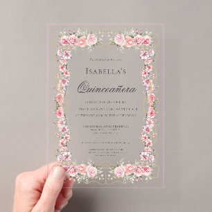 Rosa Florale Quinceañera Elegante Feier 15 Acryleinladungen
