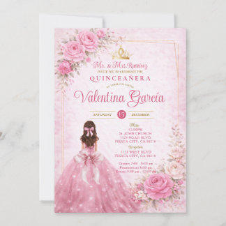 Rosa Florale Quinceañera-Rosé-Prinzessinnen-Einlad Einladung
