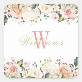 Rosa florale Rose Elegante Monogramm Name Quadratischer Aufkleber